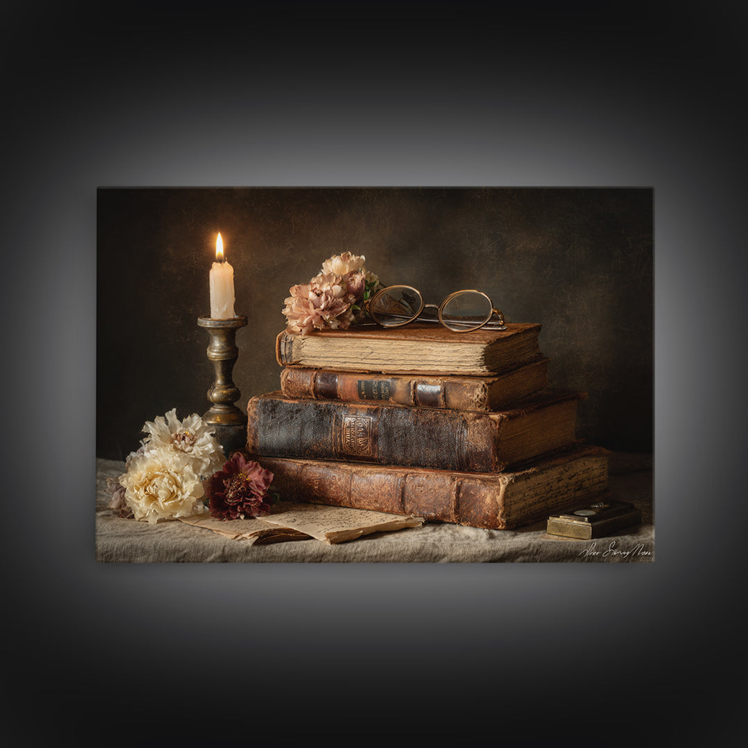 Dark Academia Candle and Book Still Life Canvas Print, Bookstore Art, Vertical Wall Art, Bookstore Decor, Fine Art, Literary, BOO-3x2-62