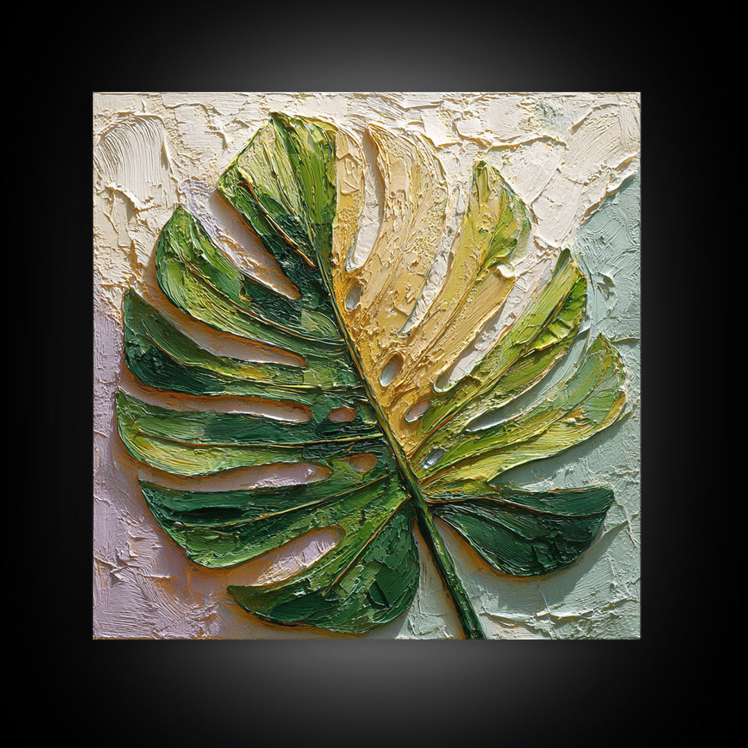 Oversized Monstera Leaf Framed Canvas Print, Botanical Art, Whimsical Decor, Living Room Decor, Oil Painting, Botanic, BOT-1x1-2