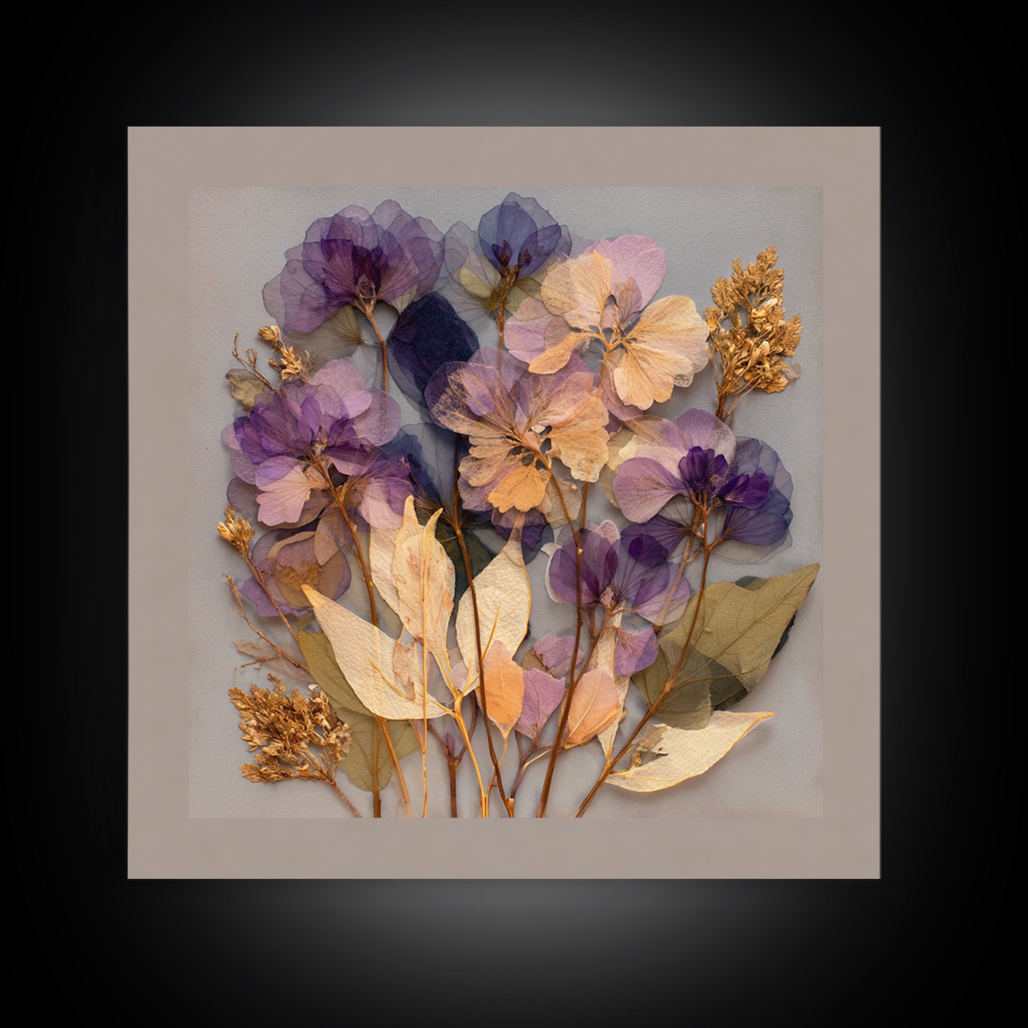 Pressed Flower Collage Framed Canvas Print, Botanical Art, Digital Print, Living Room Decor, Watercolor Art, Botanic, BOT-1x1-52