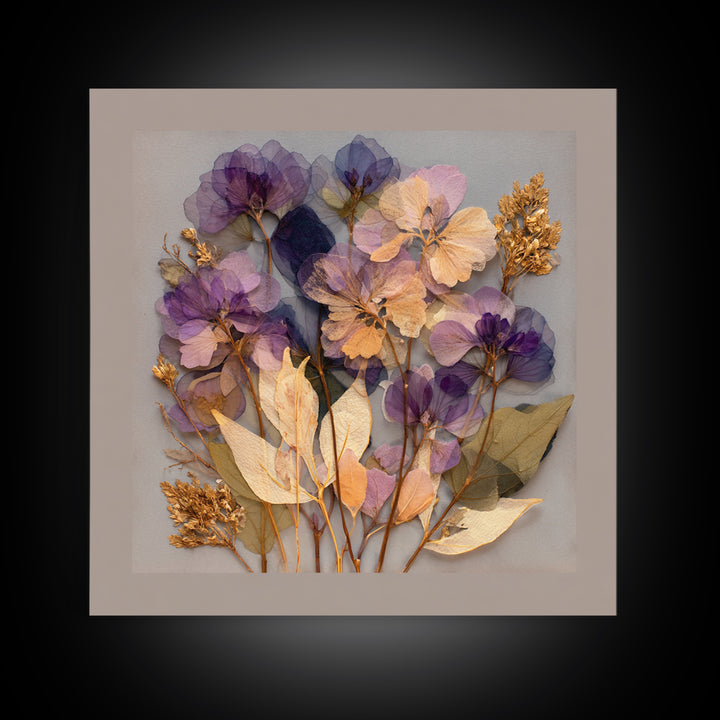 Pressed Flower Collage Framed Canvas Print, Botanical Art, Digital Print, Living Room Decor, Watercolor Art, Botanic, BOT-1x1-52