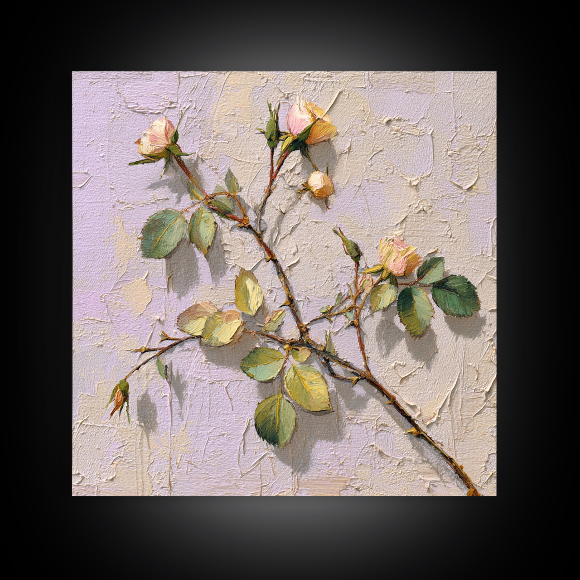 Wild Rose Branch Framed Canvas Print, Botanical Art, Sage Green Wall Art, Living Room Decor, Oil Painting, Botanic, BOT-1x1-70