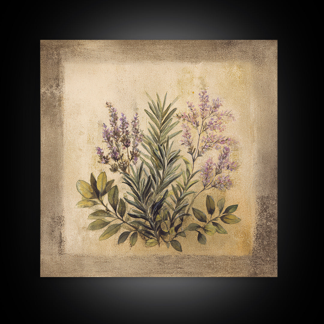 Herb Garden Watercolor Canvas Print, Botanical Art, Poster, Living Room Decor, Fine Art, Botanic, Art Nouveau, Framed Wall Art, BOT-1x1-77