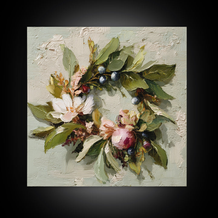 Botanical Wreath with Leaves Berries and Flowers Framed Canvas Print, Botanical Art, Art Print, Living Room Decor, Botanic, BOT-1x1-96