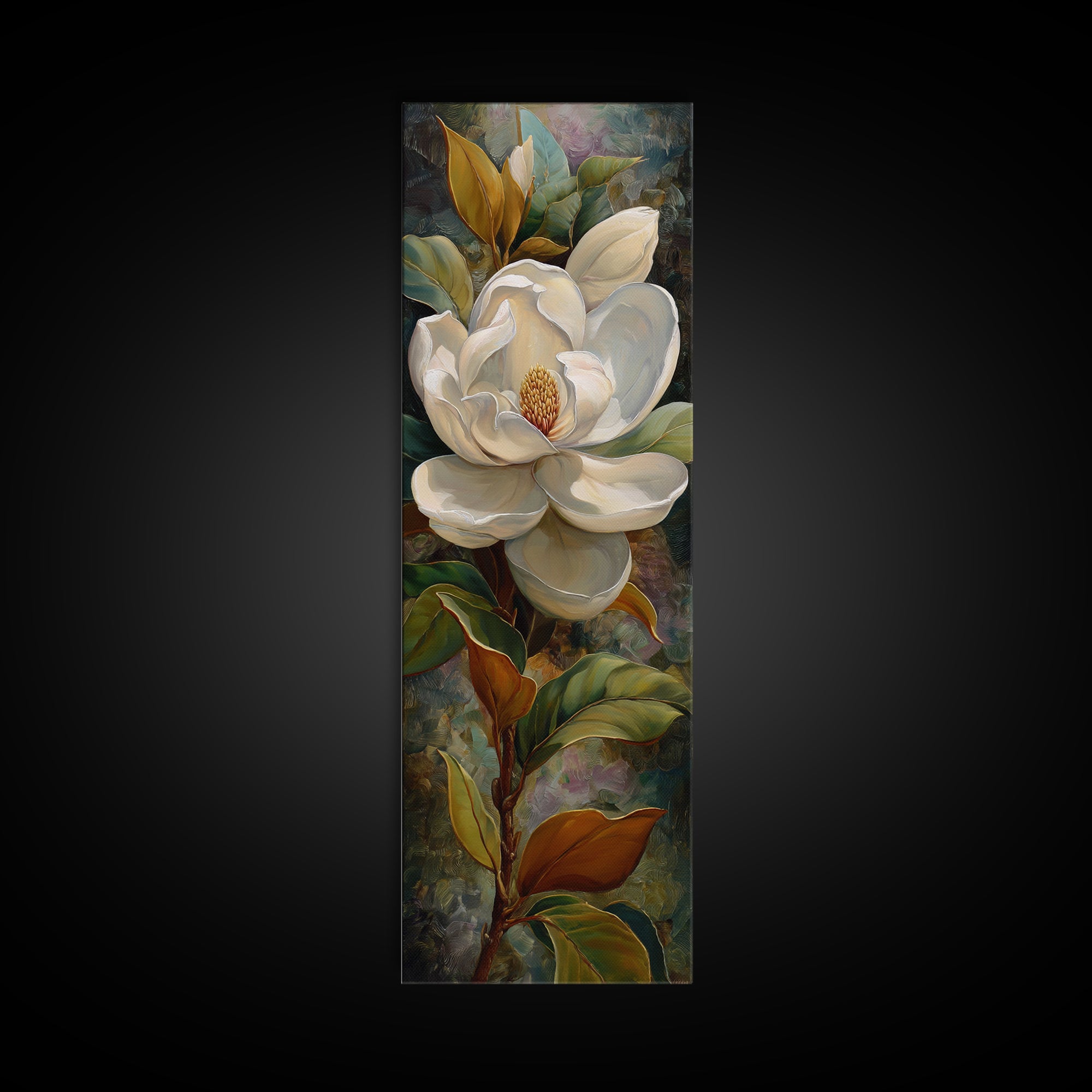 Dramatic White Magnolia on Dark Background Canvas Print, Botanical Art, Neutral Decor, Living Room Decor, Oil Painting, Botanic, BOT-1x3-18