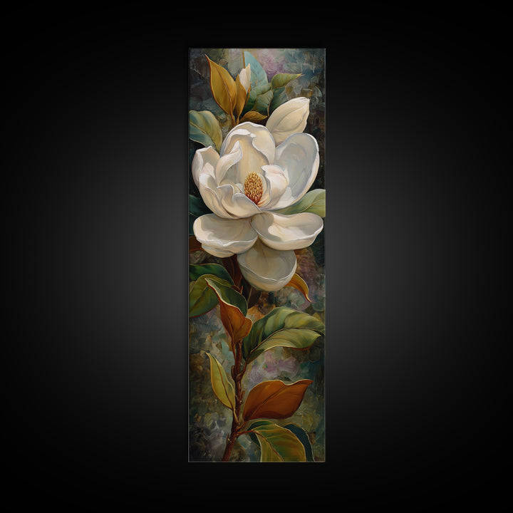 Dramatic White Magnolia on Dark Background Canvas Print, Botanical Art, Neutral Decor, Living Room Decor, Oil Painting, Botanic, BOT-1x3-18