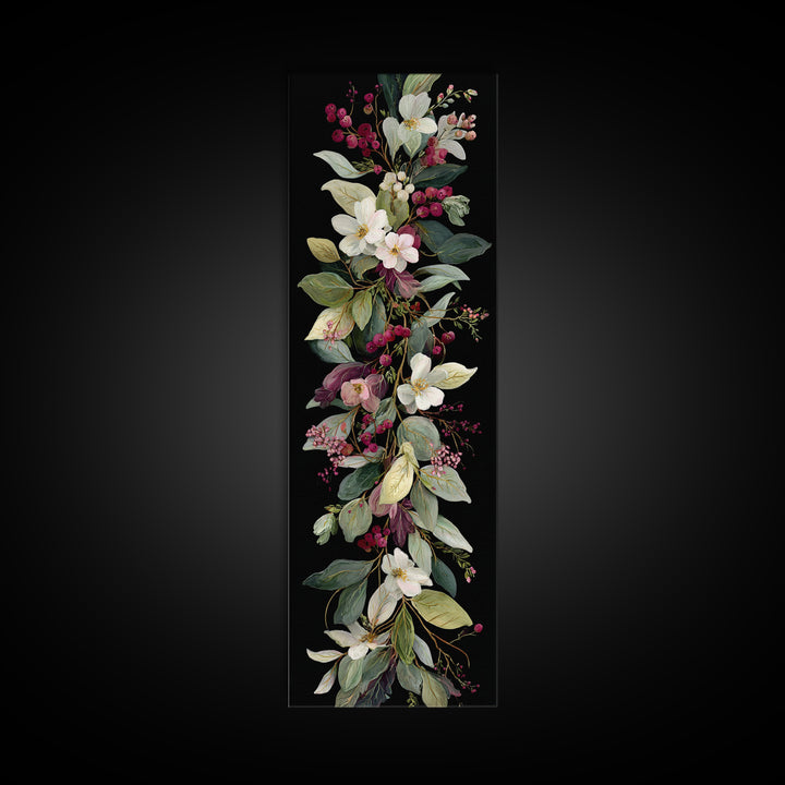 Botanical Wreath with Leaves Berries and Flowers Canvas Print, Botanical Art, Oil Painting, Living Room Decor, Botanic, BOT-1x3-60