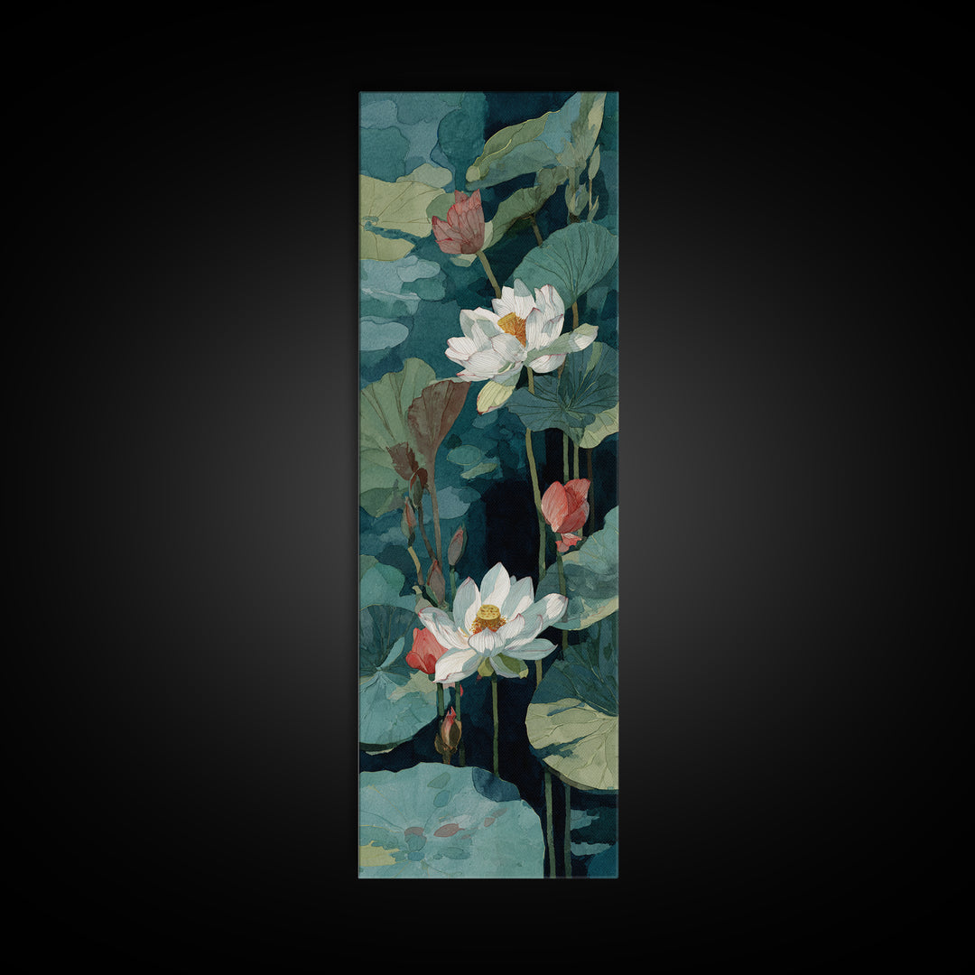 Lotus Flower and Lily Pads on Still Framed Canvas Print, Botanical Art, Sage Green Wall Art, Living Room Decor, Oil Painting, BOT-1x3-79