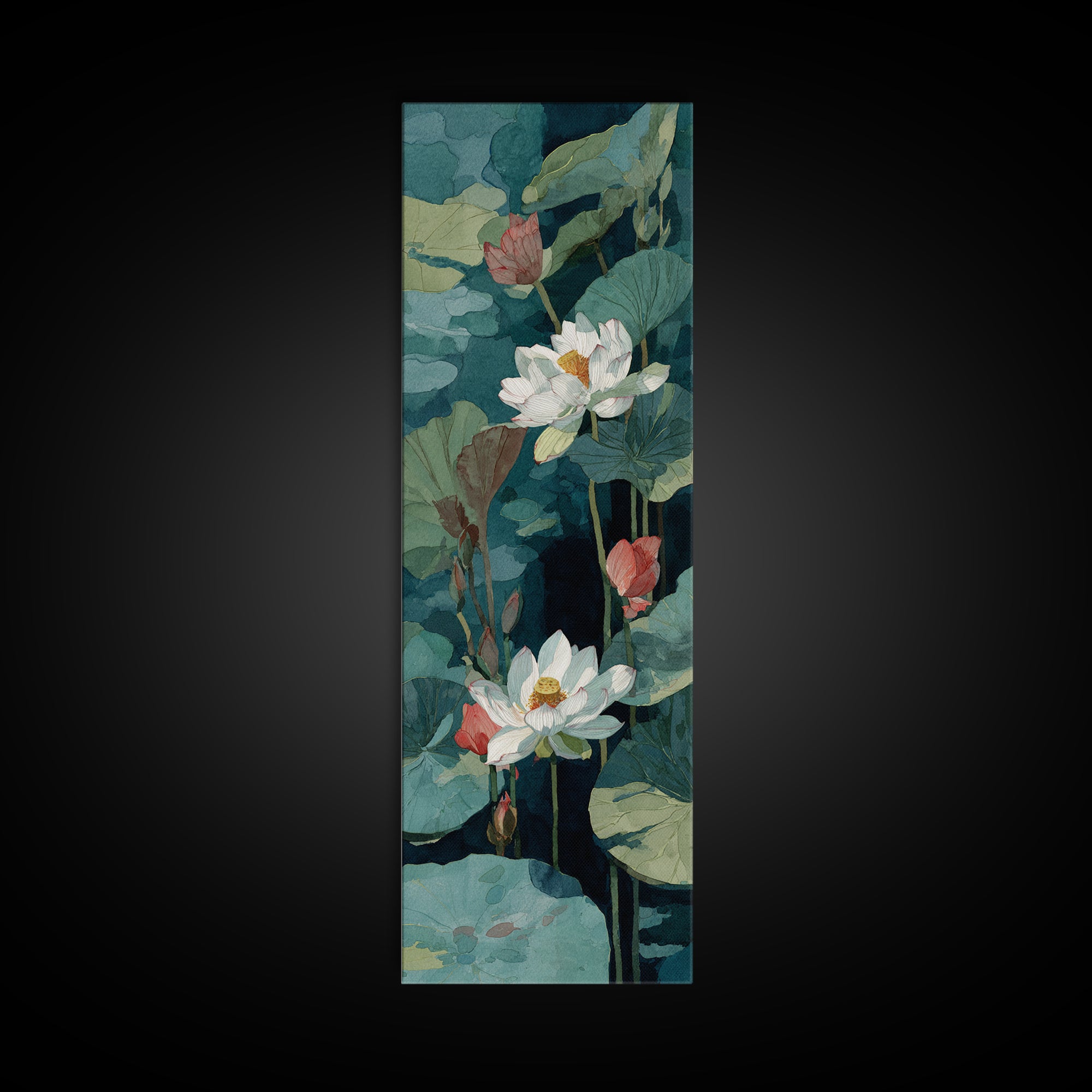 Lotus Flower and Lily Pads on Still Framed Canvas Print, Botanical Art, Sage Green Wall Art, Living Room Decor, Oil Painting, BOT-1x3-79