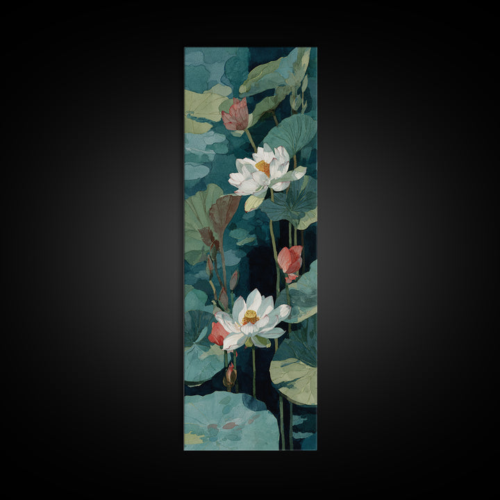 Lotus Flower and Lily Pads on Still Framed Canvas Print, Botanical Art, Sage Green Wall Art, Living Room Decor, Oil Painting, BOT-1x3-79