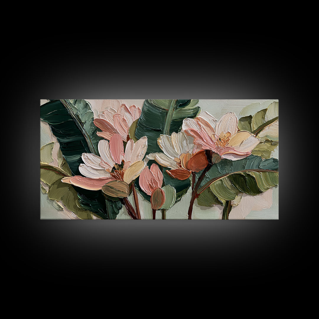Tropical Banana Leaf Painted Framed Canvas Print, Botanical Art, Whimsical Decor, Living Room Decor, Oil Painting, Botanic, BOT-2x1-100