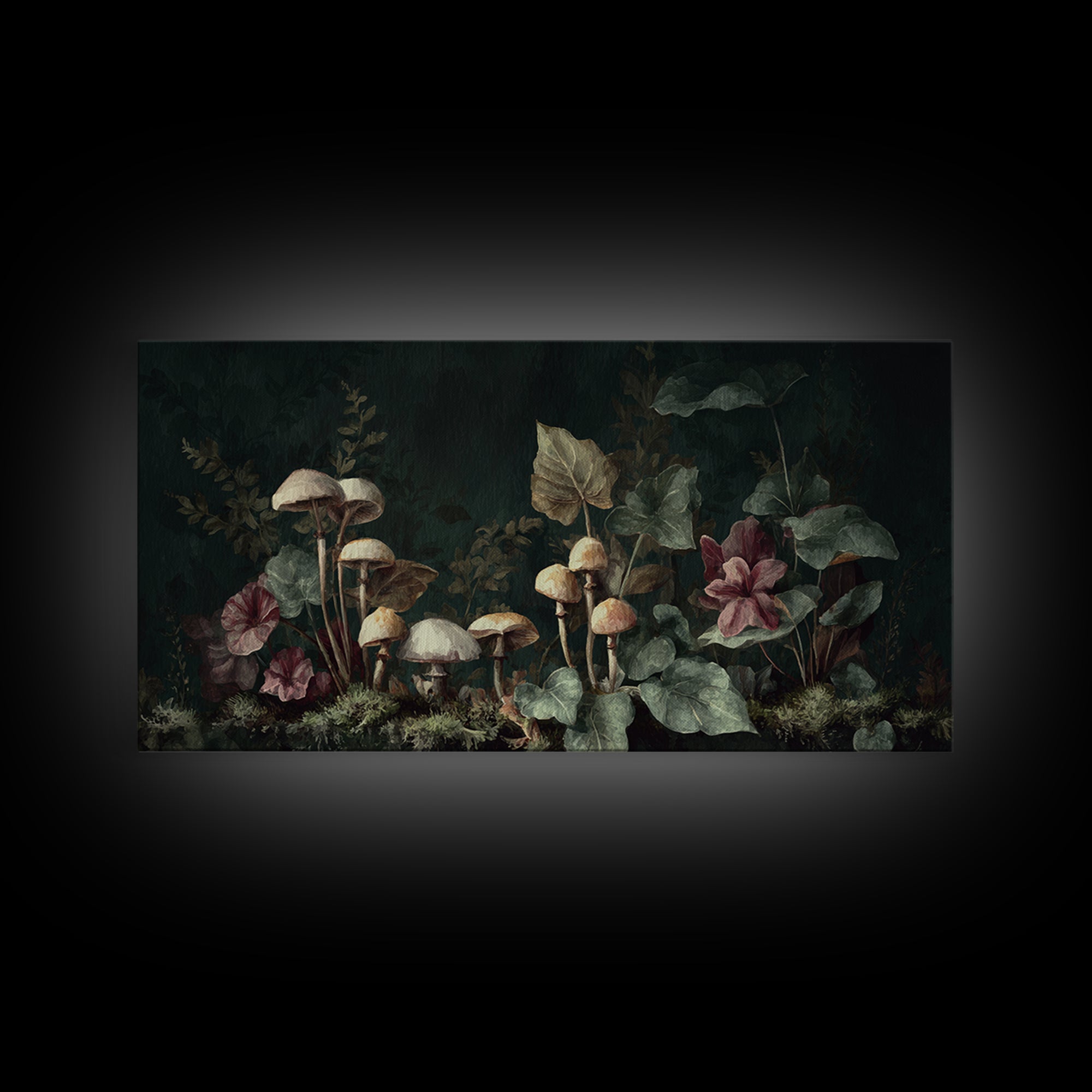 Mushrooms and Moss Botanical Field Study Framed Canvas Print, Botanical Art, Living Room Decor, Watercolor Art, Botanic, BOT-2x1-29