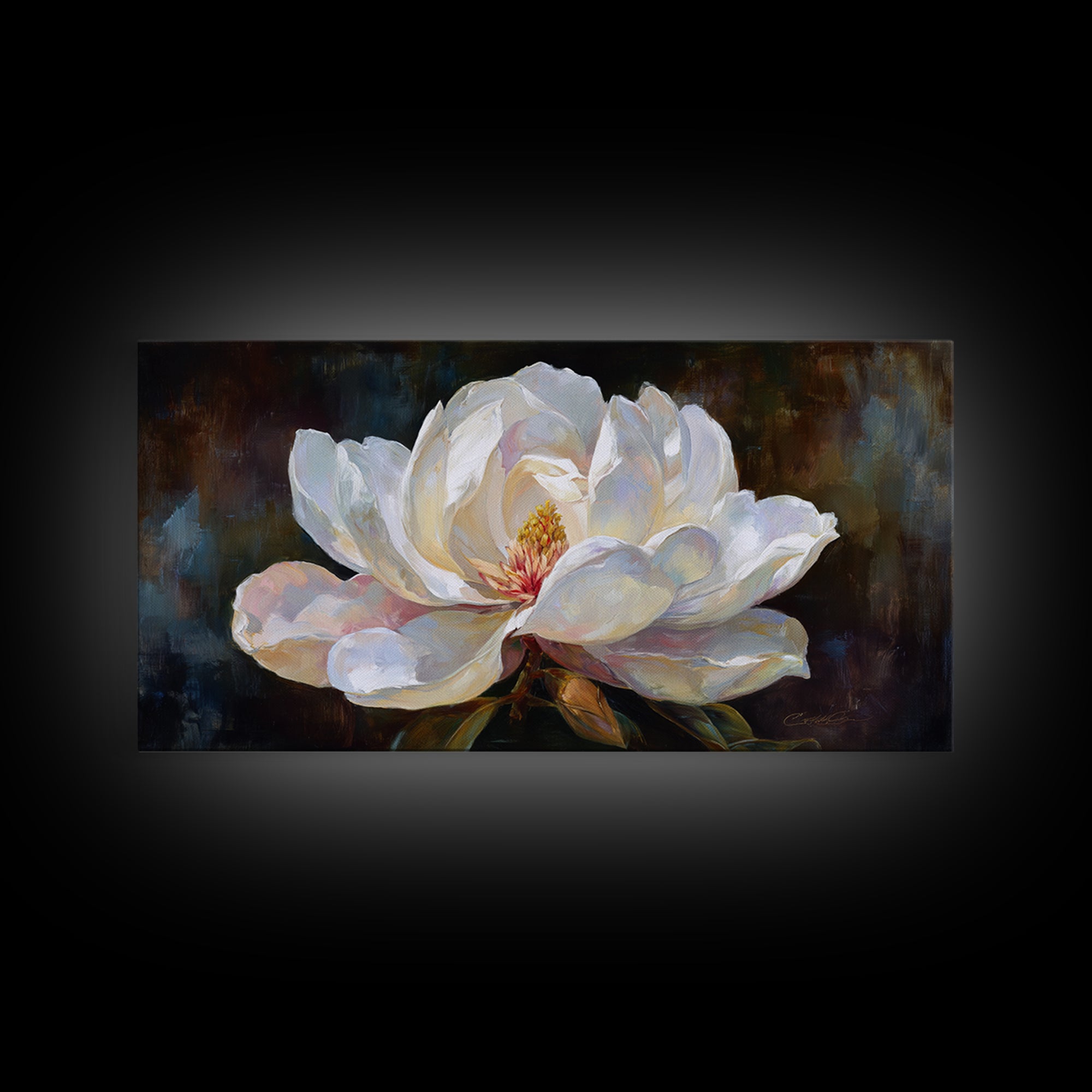 Dramatic White Magnolia on Dark Background Framed Canvas Print, Botanical Art, Art, Living Room Decor, Oil Painting, Botanic, BOT-2x1-50
