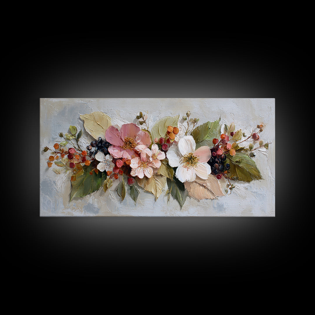 Botanical Wreath with Leaves Berries and Flowers Canvas Print, Botanical Art, Wall Art Prints, Living Room Decor, Botanic, BOT-2x1-68