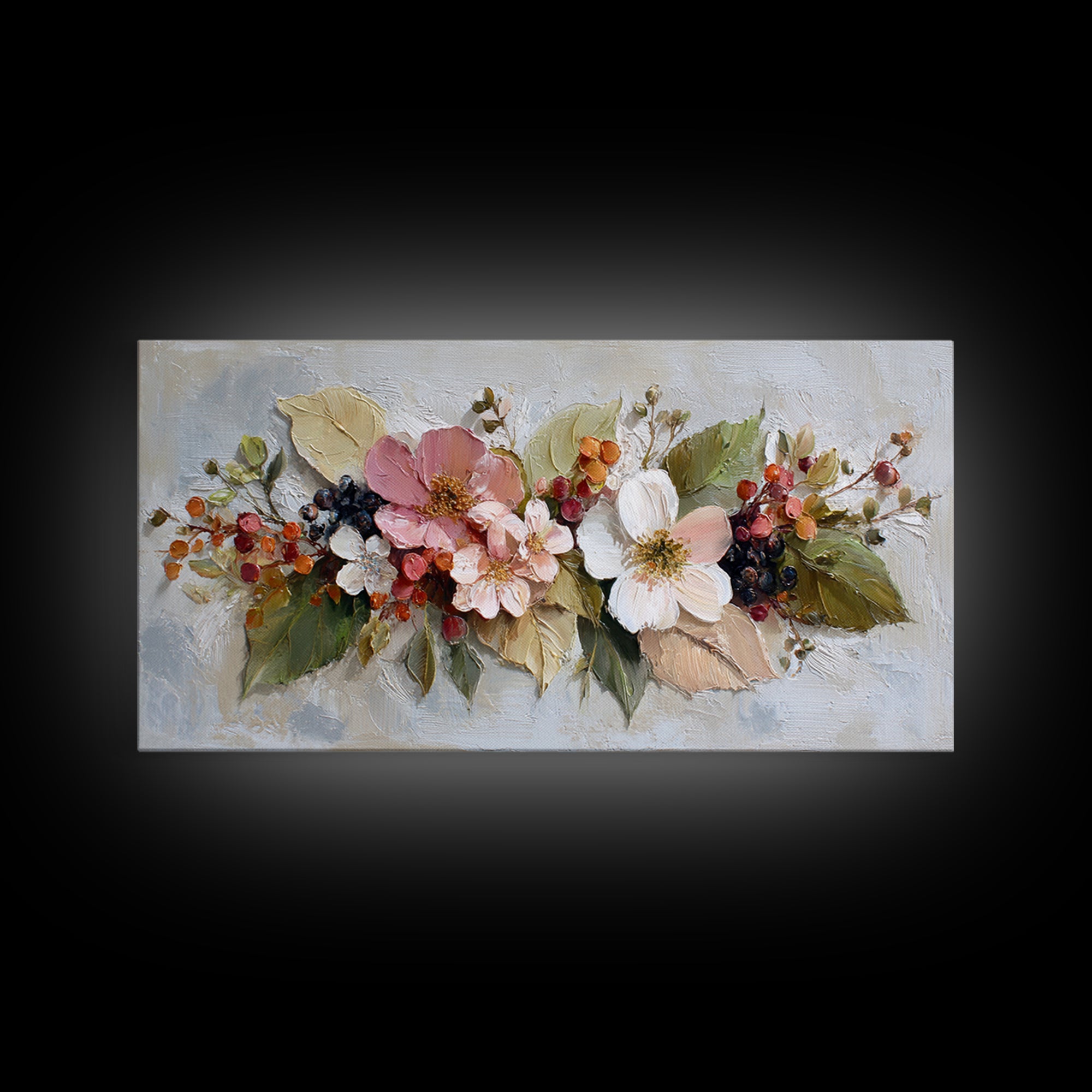 Botanical Wreath with Leaves Berries and Flowers Canvas Print, Botanical Art, Wall Art Prints, Living Room Decor, Botanic, BOT-2x1-68