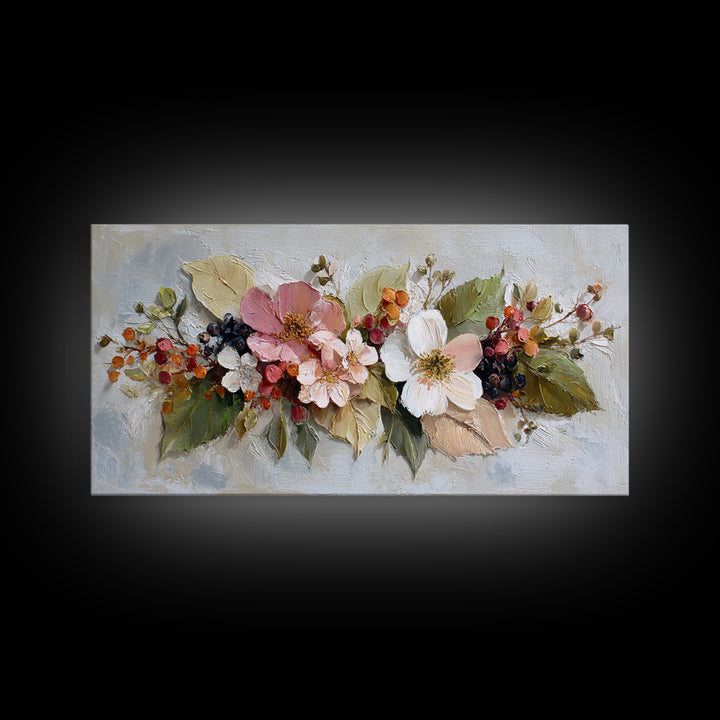 Botanical Wreath with Leaves Berries and Flowers Canvas Print, Botanical Art, Wall Art Prints, Living Room Decor, Botanic, BOT-2x1-68