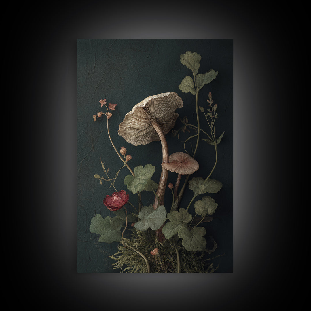 Mushrooms and Moss Botanical Field Study Framed Canvas Print, Botanical Art, Oil Painting, Living Room Decor, Fine Art, Botanic, BOT-2x3-17