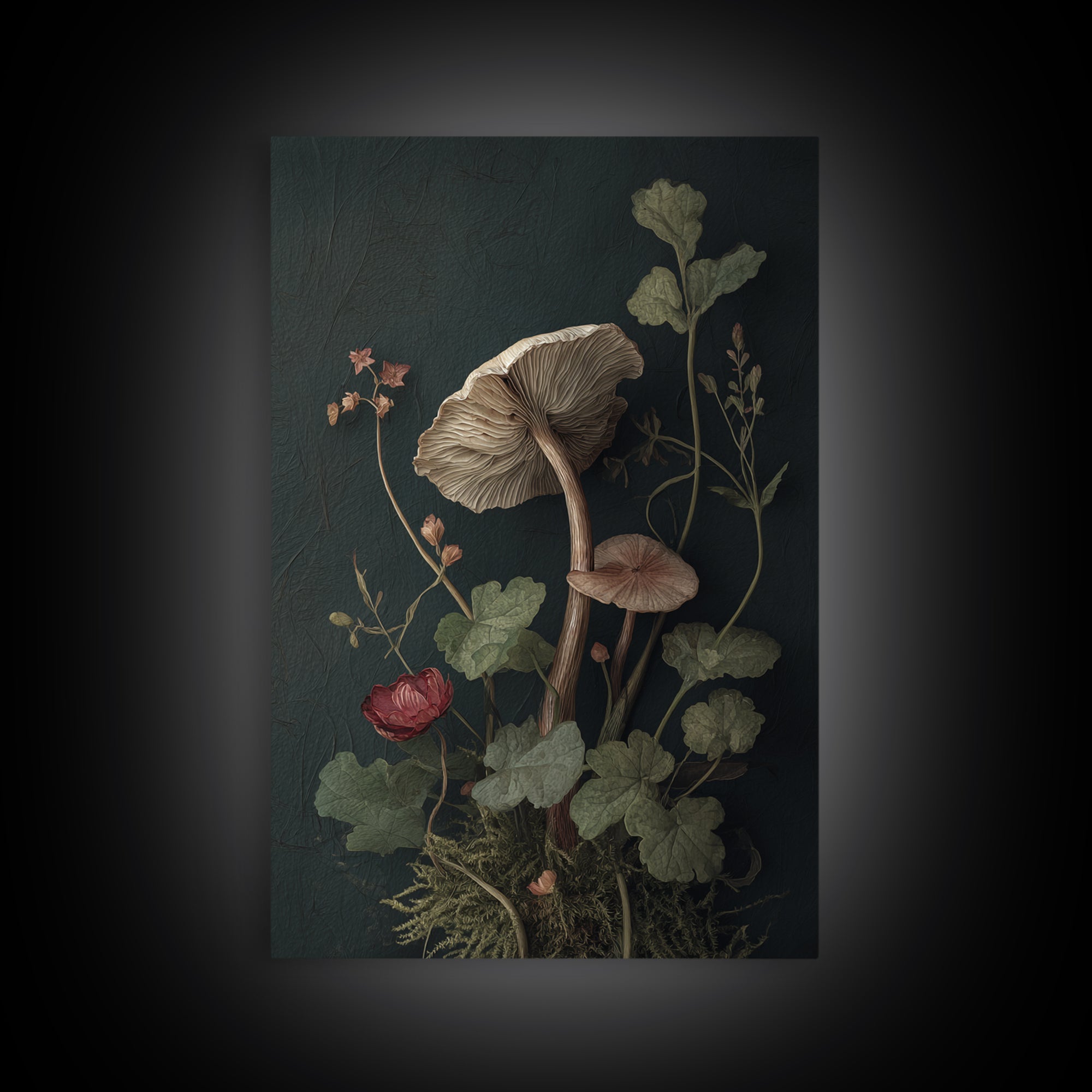 Mushrooms and Moss Botanical Field Study Framed Canvas Print, Botanical Art, Oil Painting, Living Room Decor, Fine Art, Botanic, BOT-2x3-17