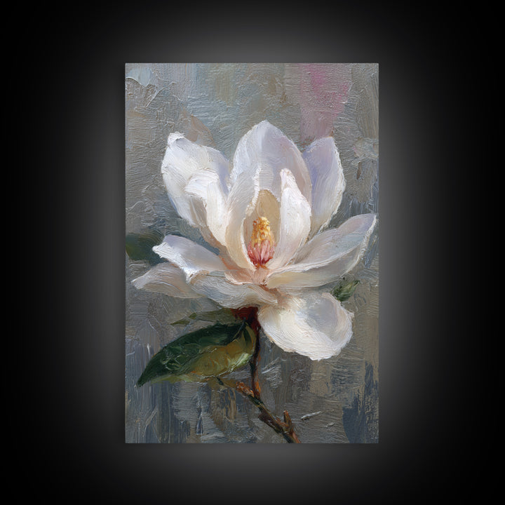 Dramatic White Magnolia on Dark Background Framed Canvas Print, Botanical Art, Art Print, Living Room Decor, Fine Art, Botanic, BOT-2x3-38