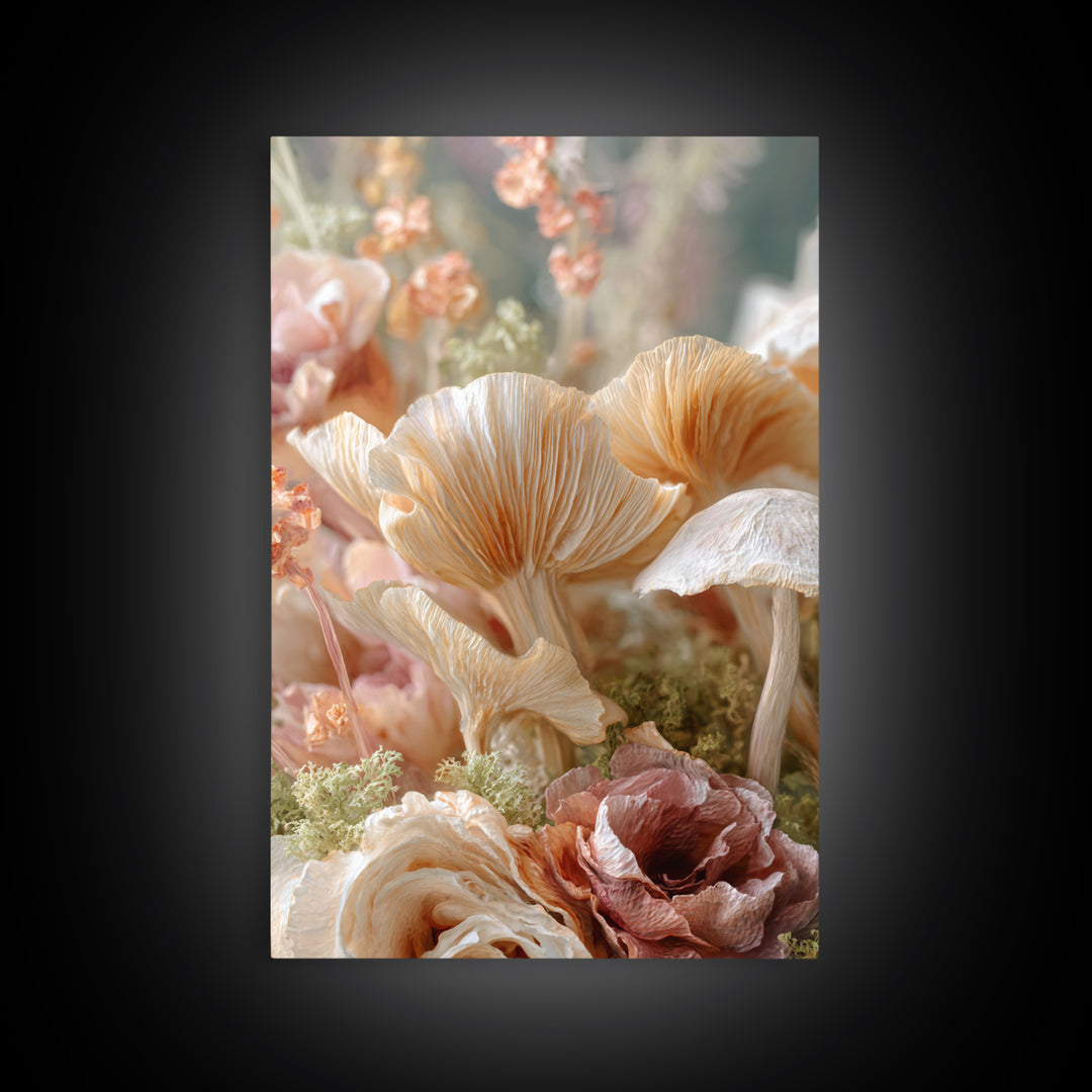 Mushrooms and Moss Botanical Field Study Framed Canvas Print, Botanical Art, Oil Painting, Living Room Decor, Fine Art, Botanic, BOT-2x3-41