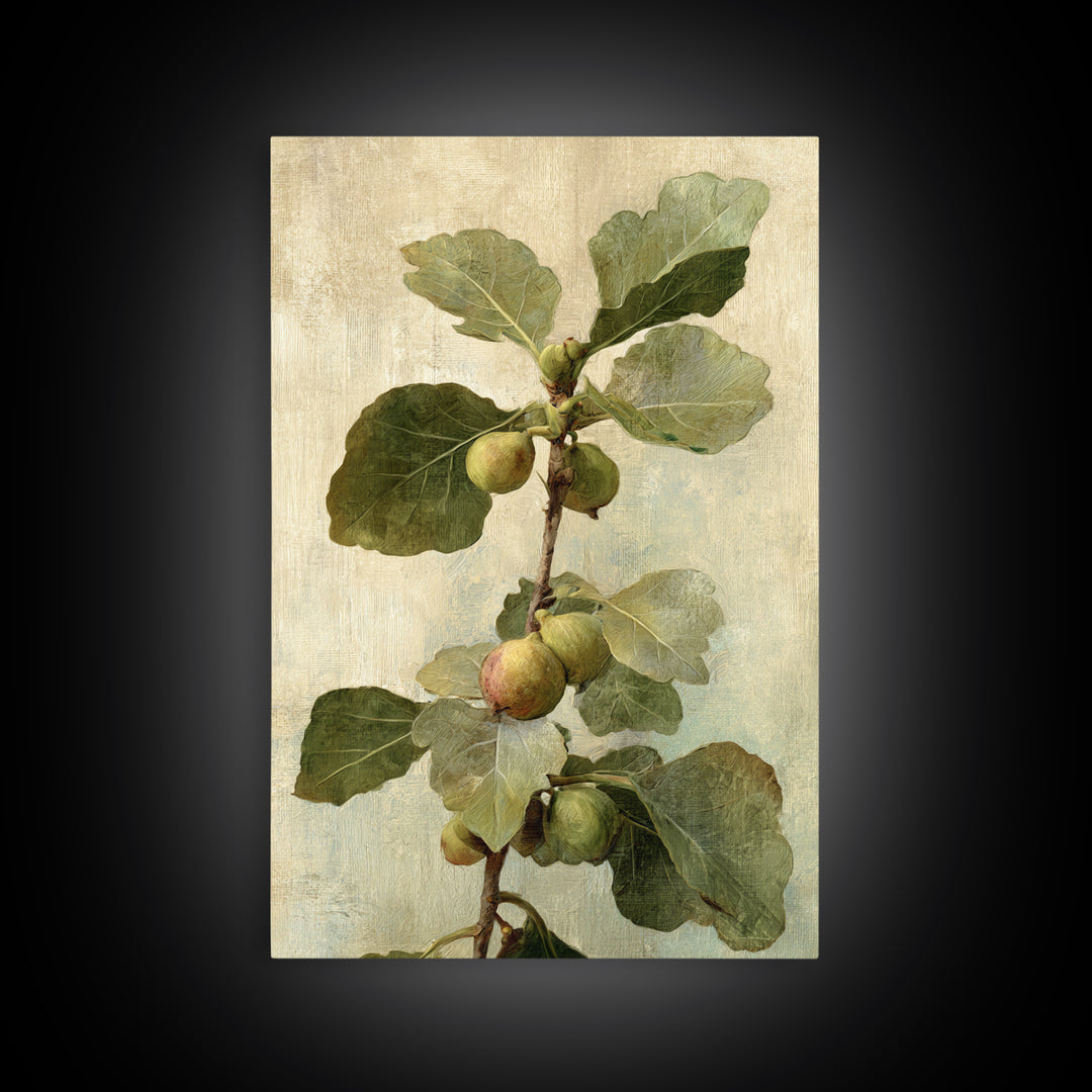 Fig Branch with Fruit and Broad Leaves Framed Canvas Print, Botanical Art, Oil Painting, Living Room Decor, Fine Art, Botanic, BOT-2x3-47