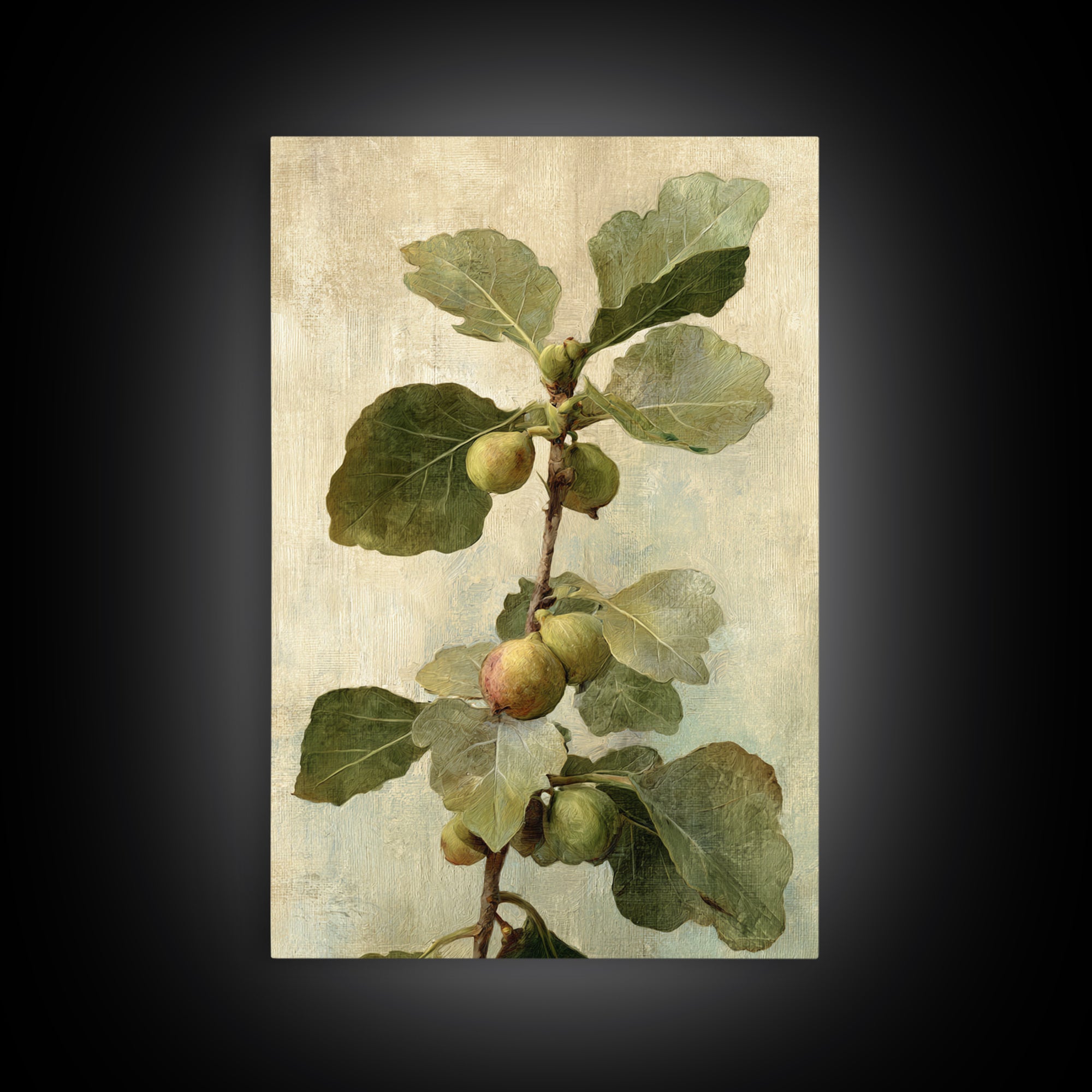 Fig Branch with Fruit and Broad Leaves Framed Canvas Print, Botanical Art, Oil Painting, Living Room Decor, Fine Art, Botanic, BOT-2x3-47