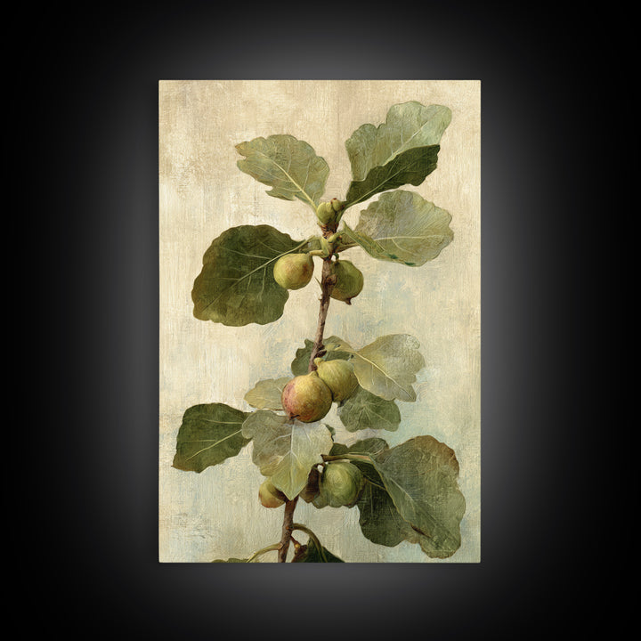 Fig Branch with Fruit and Broad Leaves Framed Canvas Print, Botanical Art, Oil Painting, Living Room Decor, Fine Art, Botanic, BOT-2x3-47