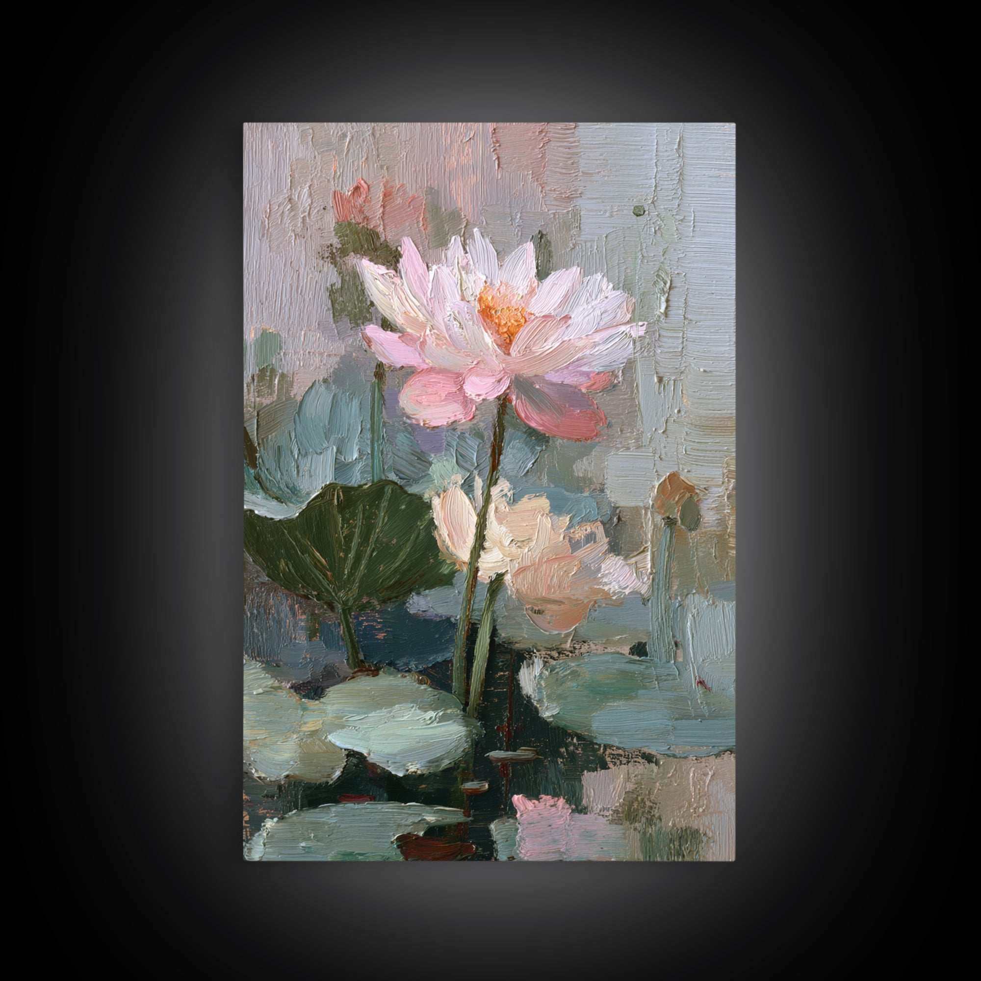 Lotus Flower and Lily Pads on Still Framed Canvas Print, Botanical Art, Living Room Decor, Watercolor Art, Botanic, BOT-2x3-75