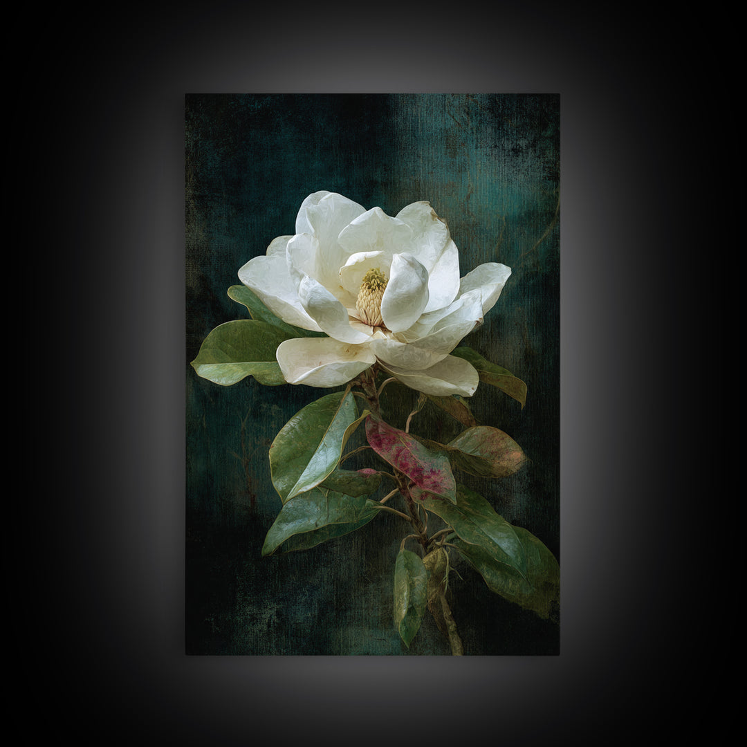 Dramatic White Magnolia on Dark Background Canvas Print, Botanical Art, Oil Painting, Living Room Decor, Fine Art, Botanic, BOT-2x3-86