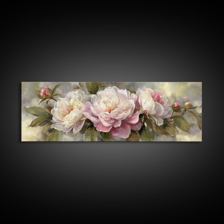 Peony Bloom with Layered Romantic Petals Framed Canvas Print, Botanical Art, Living Room Decor, Botanic, Fine Art Print, BOT-3x1-74