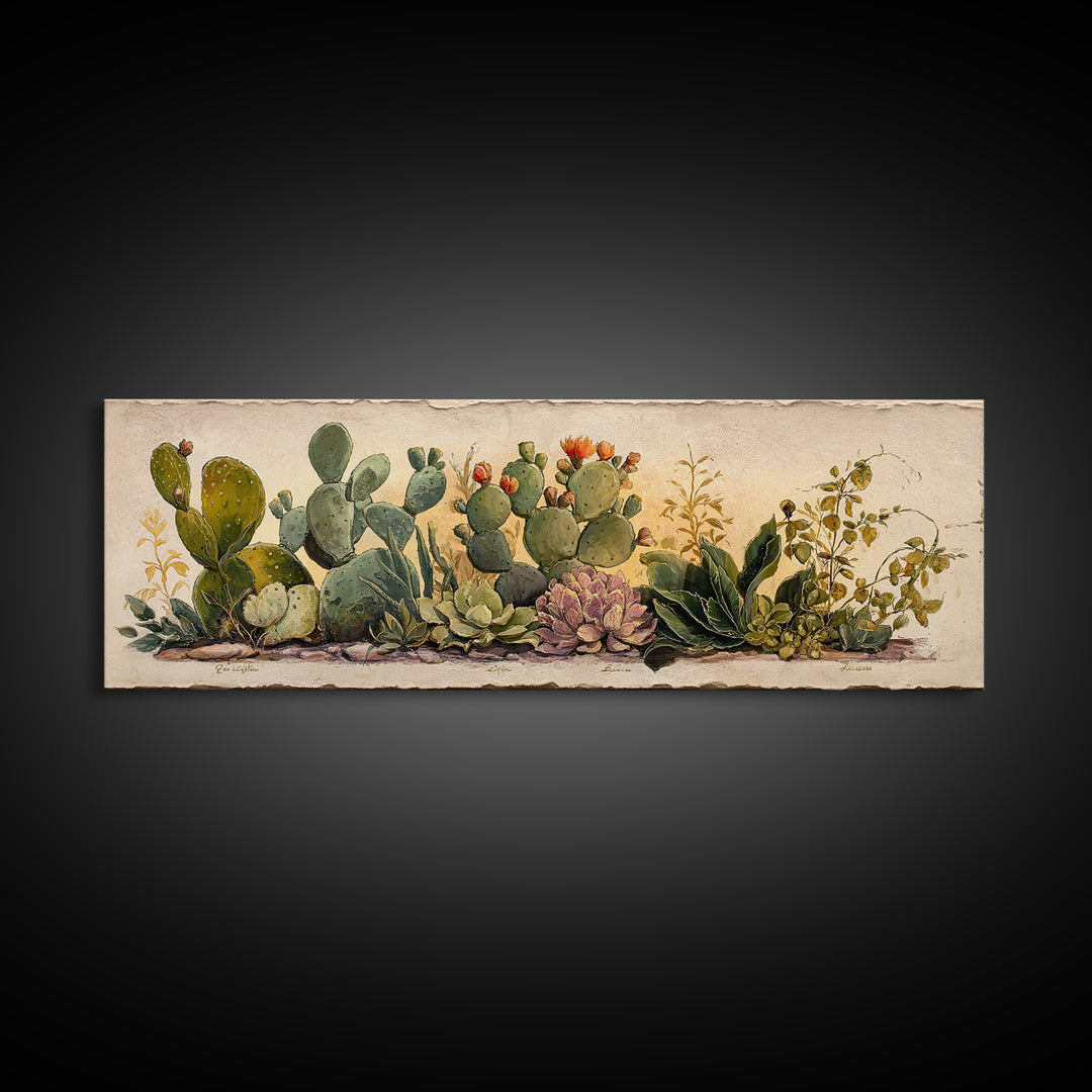 Cactus Botanical Plate Framed Canvas Print, Botanical Art, Sage Green Wall Art, Living Room Decor, Oil Painting, Botanic, BOT-3x1-77
