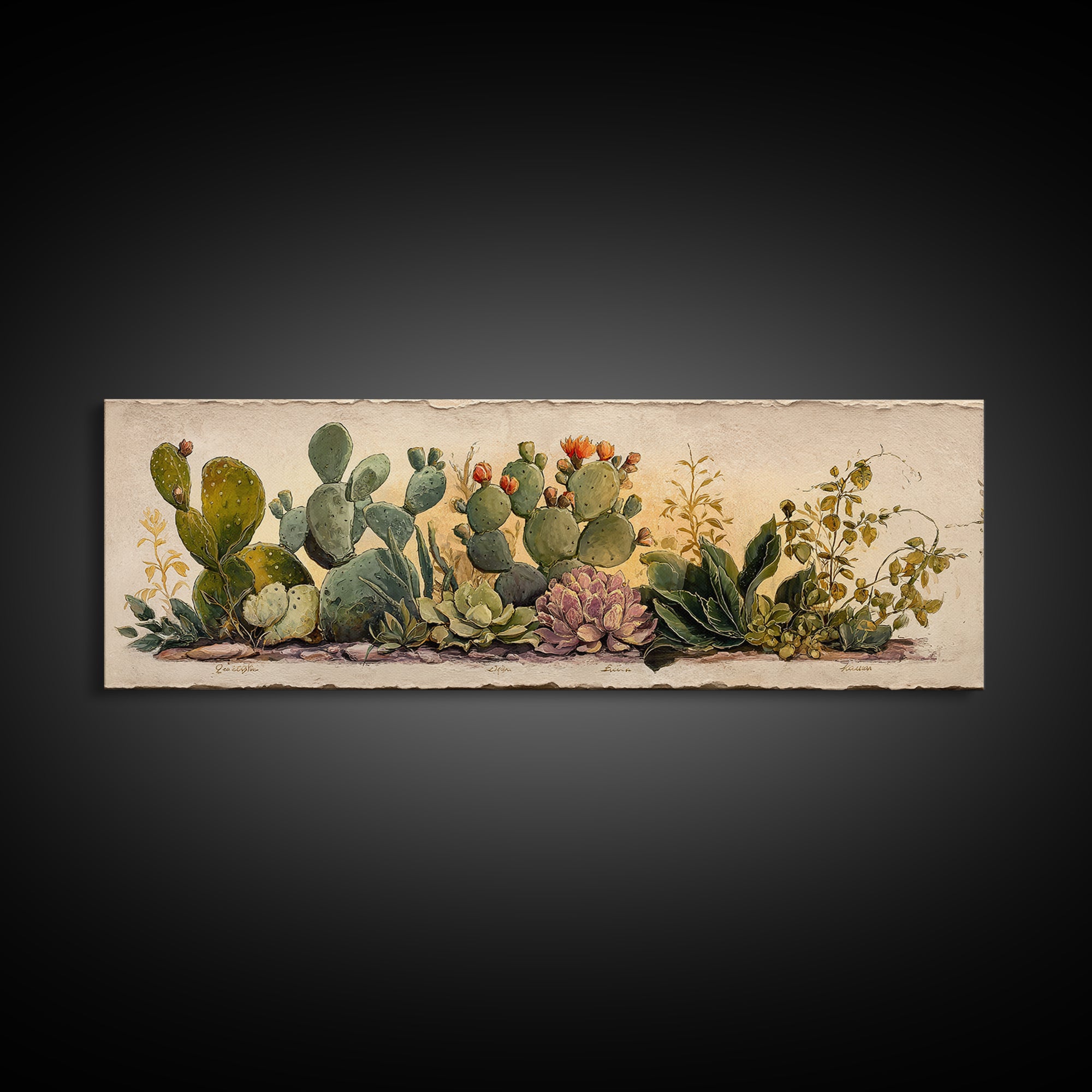 Cactus Botanical Plate Framed Canvas Print, Botanical Art, Sage Green Wall Art, Living Room Decor, Oil Painting, Botanic, BOT-3x1-77