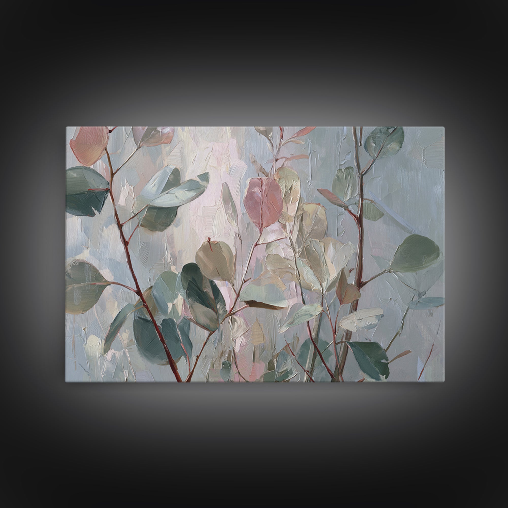Eucalyptus Stems in Soft Sage Tones Framed Canvas Print, Botanical Art, Whimsical Decor, Living Room Decor, Oil Painting, BOT-3x2-63
