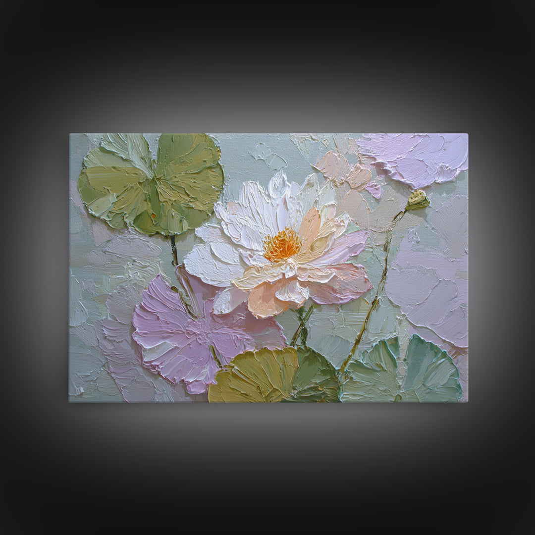 Lotus Flower and Lily Pads on Still Framed Canvas Print, Botanical Art, Living Room Wall Art, Living Room Decor, Botanic, BOT-3x2-71