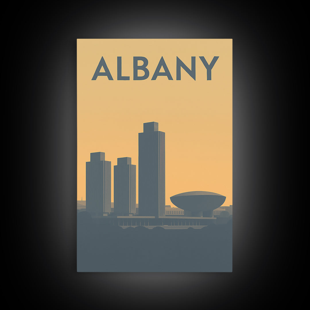 Albany New York Travel Poster, Framed Canvas Print, Sunset Skyline Wall Art, Albany Poster Print, Retro Travel Print, Living Room Wall Art