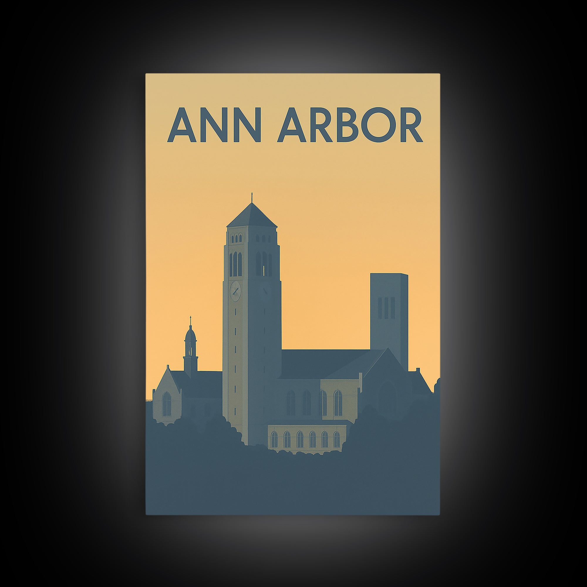 Ann Arbor Travel Poster, Framed Canvas Print, Sunset Skyline Wall Art, Ann Arbor Wall Art, Travel Wall Art, City Illustration, Wall Art
