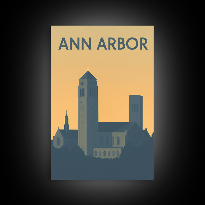 Ann Arbor Travel Poster, Framed Canvas Print, Sunset Skyline Wall Art, Ann Arbor Wall Art, Travel Wall Art, City Illustration, Wall Art