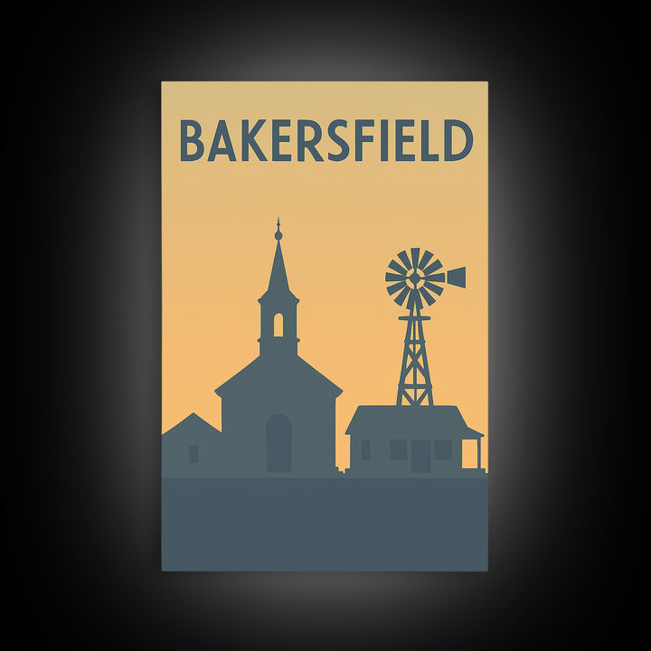 Bakersfield Travel Poster, Framed Canvas Print, Sunset Skyline Wall Art, Bakersfield Wall Art, Wanderlust Decor, Travel Wall Decor