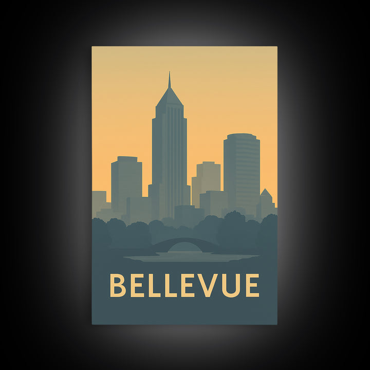 Bellevue Washington Travel Poster, Framed Canvas Print, Minimalist Retro Wall Art, Bellevue City Art, Travel Poster Set, City Art Print