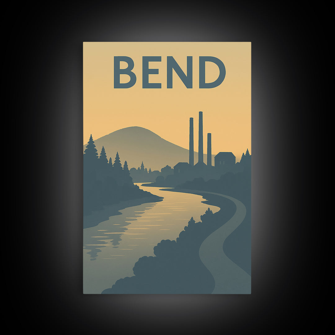 Bend Oregon Travel Poster, Canvas Print, Minimalist Retro Wall Art, Bend Wall Art, Wanderlust Decor, Gift For Travelers, City Art Print