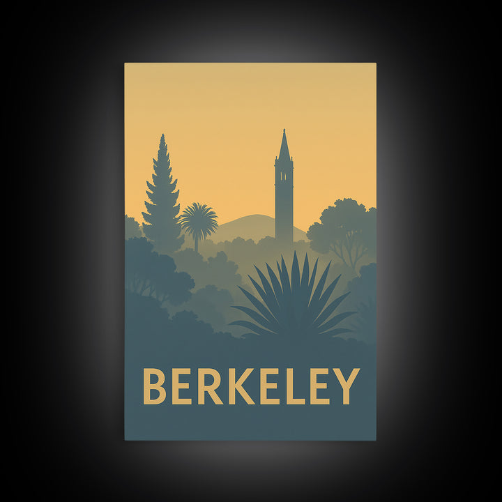 Berkeley Travel Poster, Framed Canvas Print, Sunset Skyline Wall Art, Berkeley City Art, Mid Century Wall Art, Vintage City Poster