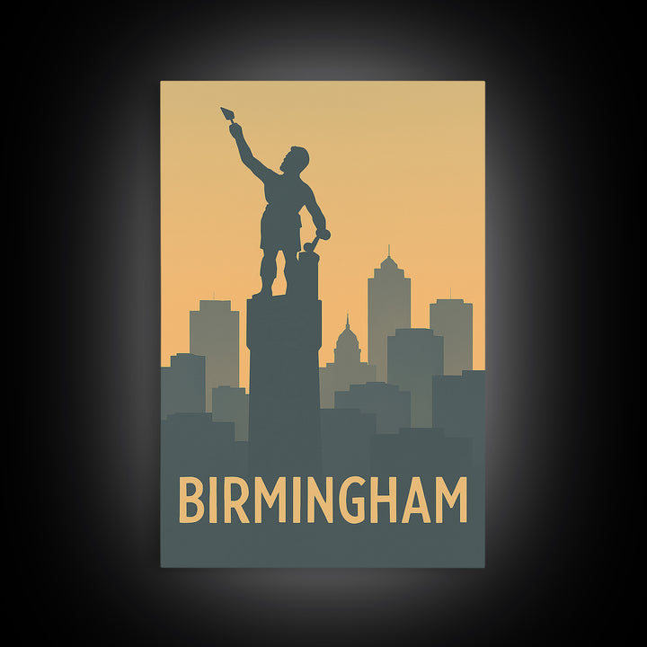 Birmingham Travel Poster, Framed Canvas Print, Sunset Skyline Wall Art, Birmingham Poster Print, City Art Print, Vintage City Art