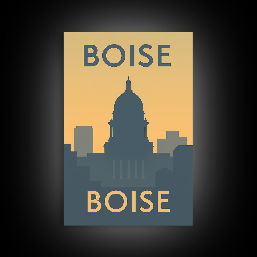 Boise Travel Poster, Framed Canvas Print, Minimalist Retro Wall Art, Boise City Art, City Travel Prints, City Illustration, Retro Poster
