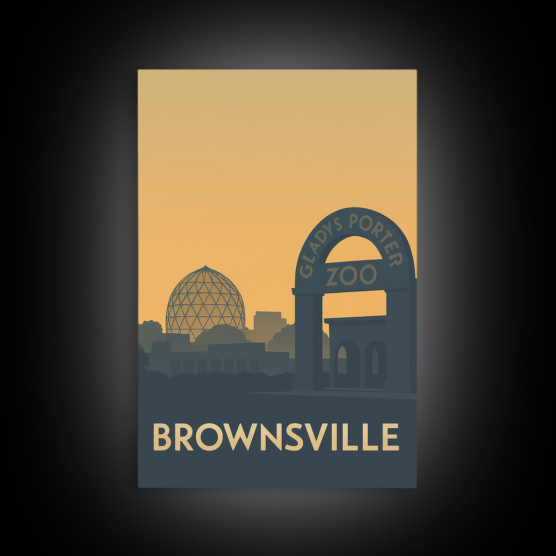 Brownsville Texas Travel Poster, Framed Canvas Print, Sunset Skyline Wall Art, Brownsville Travel Art, Travel Art Print, Home Office Decor
