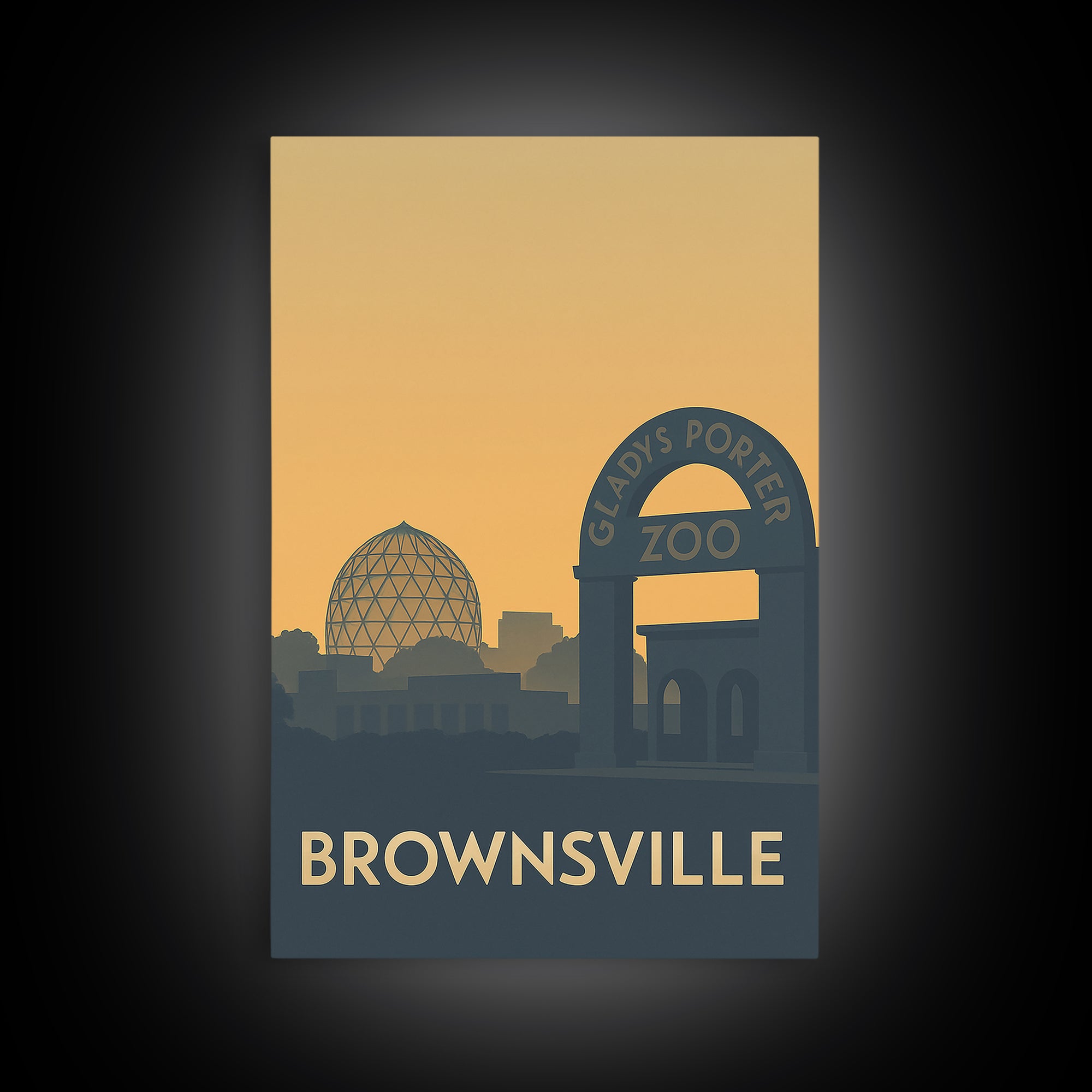 Brownsville Texas Travel Poster, Framed Canvas Print, Sunset Skyline Wall Art, Brownsville Travel Art, Travel Art Print, Home Office Decor