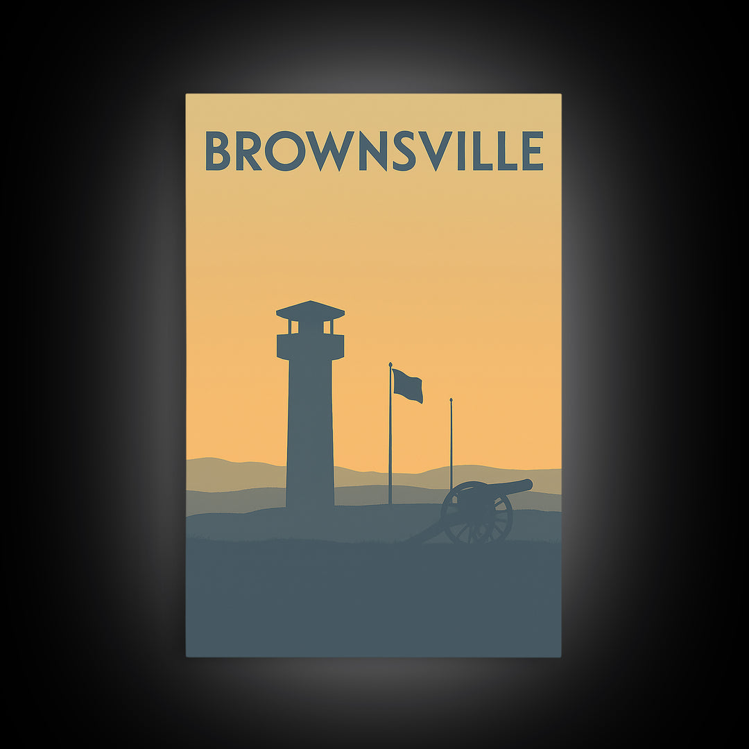 Brownsville Travel Poster, Framed Canvas Print, Minimalist Retro Wall Art, Brownsville Poster Print, Wanderlust Decor, Mid Century Wall Art