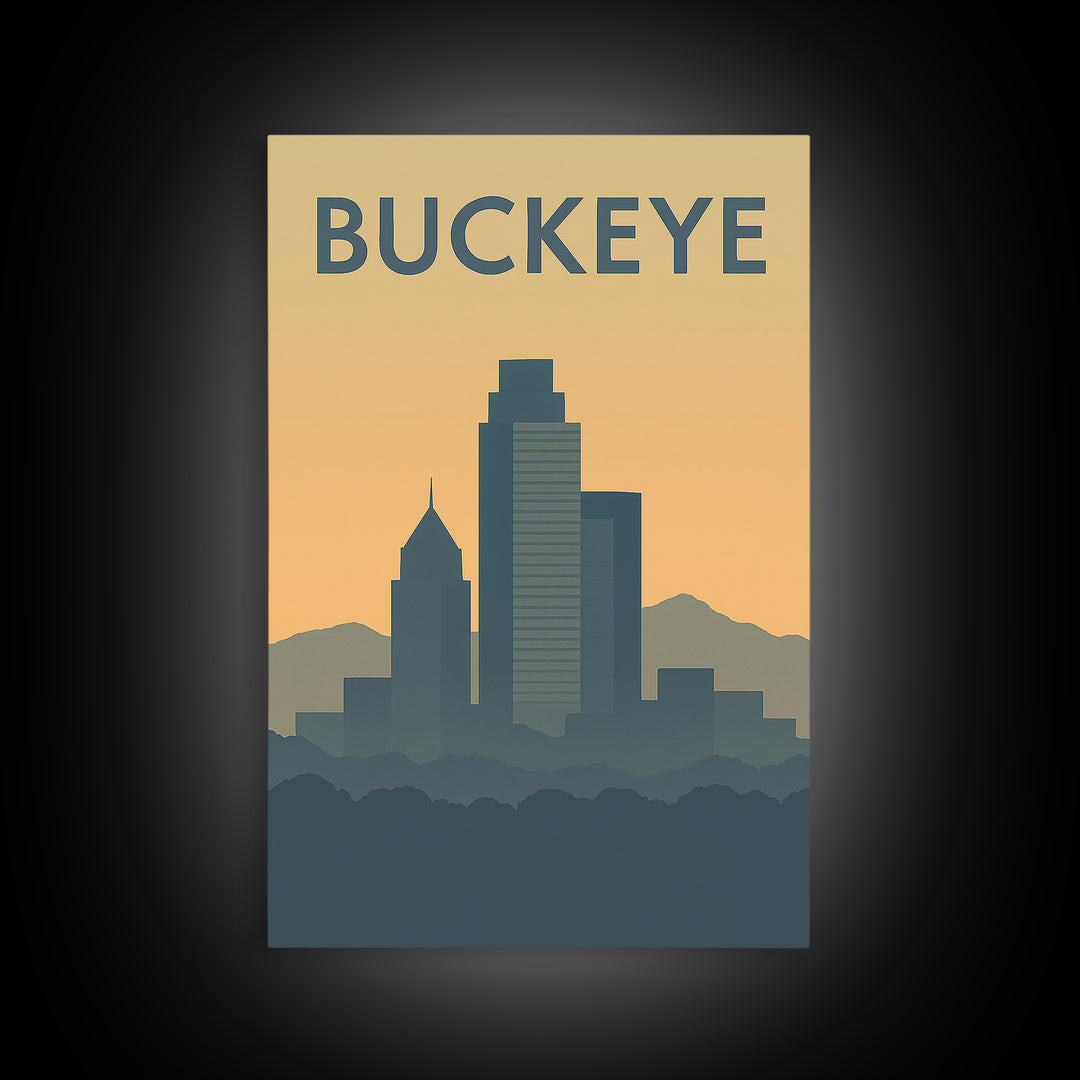 Buckeye Travel Poster, Framed Canvas Print, Sunset Skyline Wall Art, Buckeye City Art, Fine Art Print, Travel Poster Art, Travel Poster Set
