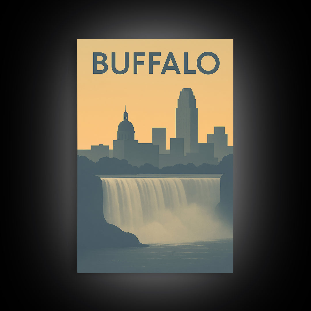 Buffalo Travel Poster, Framed Canvas Print, Sunset Skyline Wall Art, Buffalo Wall Art, Retro Travel Print, Wanderlust Decor, Poster Print