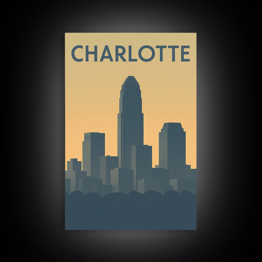 Charlotte North Carolina Travel Poster, Canvas Print, Sunset Skyline Wall Art, Charlotte Art Print, Watercolor Urban Skyline, Travel Art