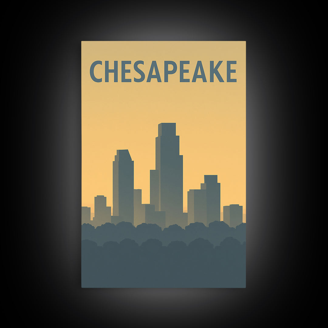 Chesapeake Virginia Travel Poster, Framed Canvas Print, Sunset Skyline Wall Art, Chesapeake Wall Art, Retro Travel Print, Home Office Decor