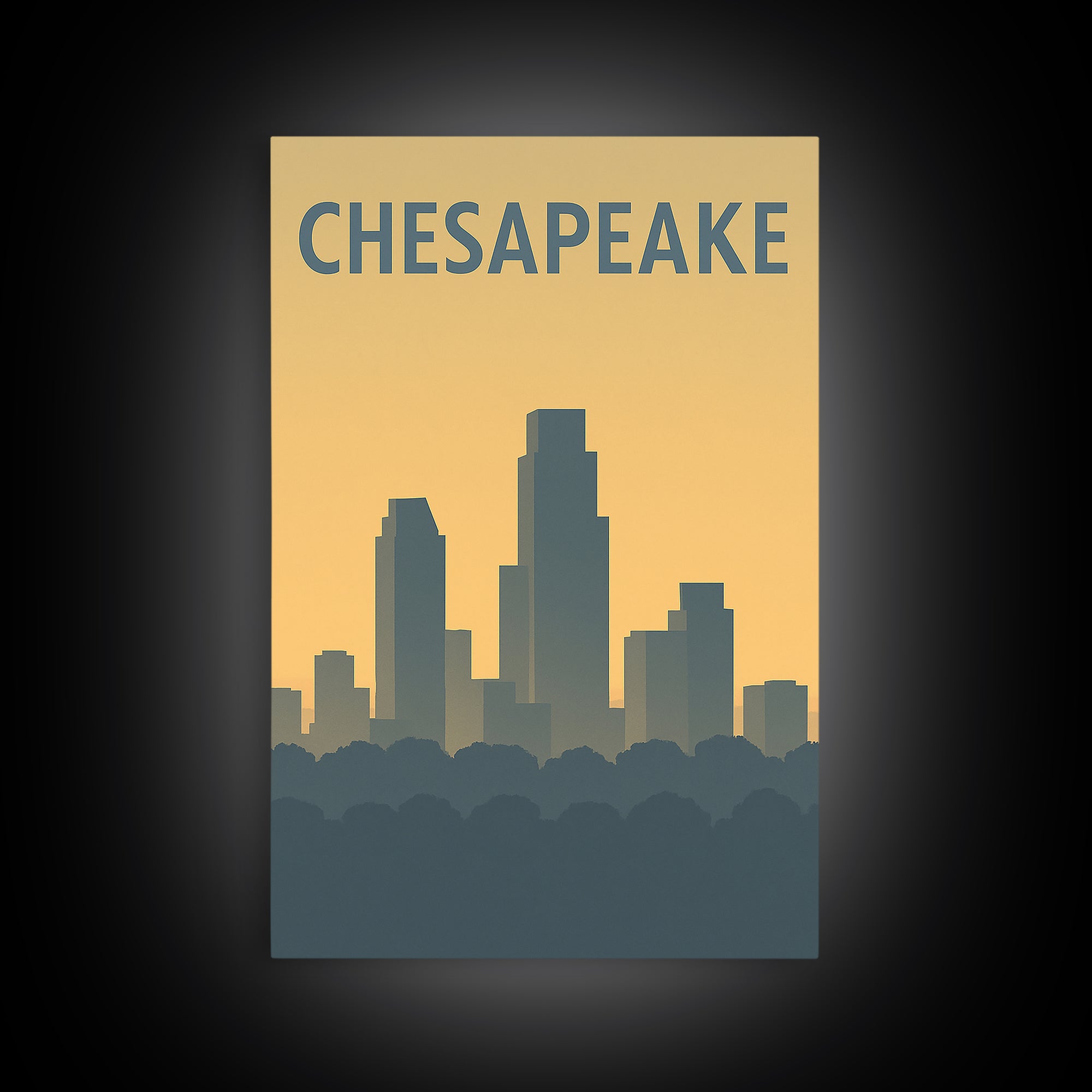 Chesapeake Virginia Travel Poster, Framed Canvas Print, Sunset Skyline Wall Art, Chesapeake Wall Art, Retro Travel Print, Home Office Decor